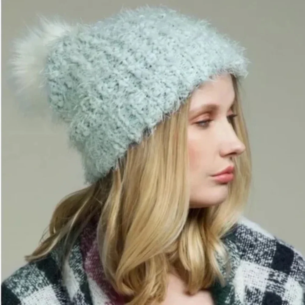 SOLD OUT Light Blue Eyelash Knit Faux Fur Pom Pom Beanie - Picture 2 of 6